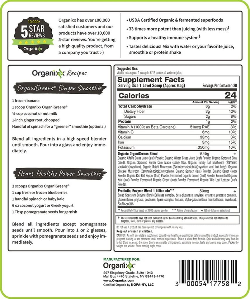 Organixx Organi Greens Ingredients